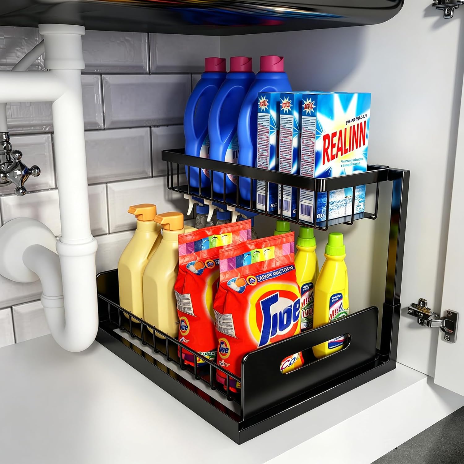 REALINN Under Sink Organizer, L-Shaped Pull Out Cabinet Organizer, Kitchen | 2 Tier Metal Slide Out Shelf for Kitchen, Bathroom, Laundry, and Utility Cabinet Storage for Deep Cabinets, Black, 1 Pack